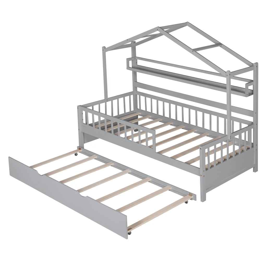 Wood Twin Size House Bed with Bookcase and Trundle E82367