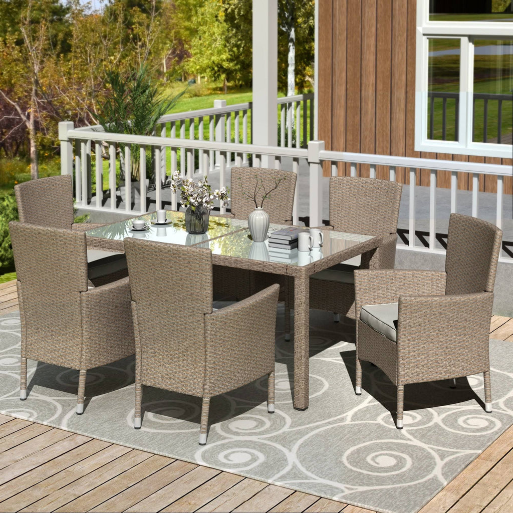 Beige-Brown 7 Piece Patio Wicker Dining Table Z939656