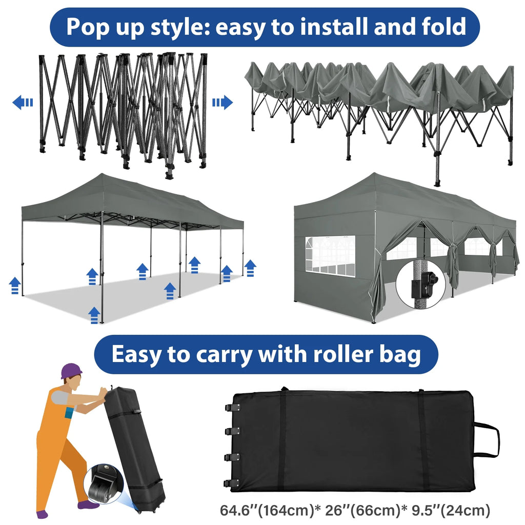 10'x30' Heavy Duty Pop Up Canopy Tent with 8 Removable Sidewalls, Grey A2098
