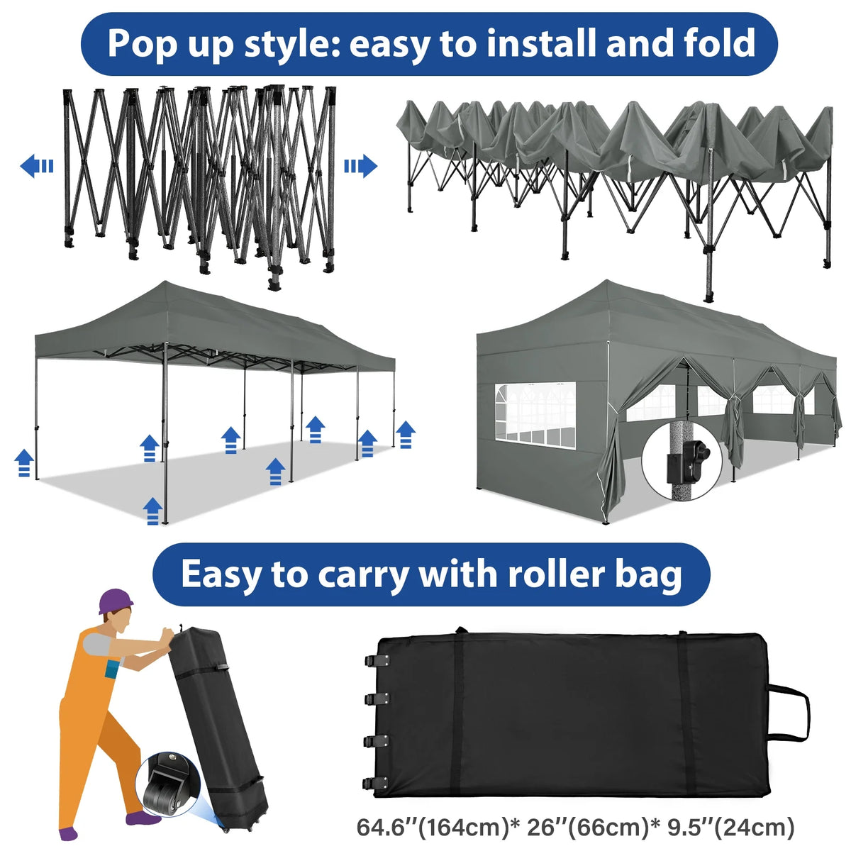 10'x30' Heavy Duty Pop Up Canopy Tent with 8 Removable Sidewalls, Grey A2098