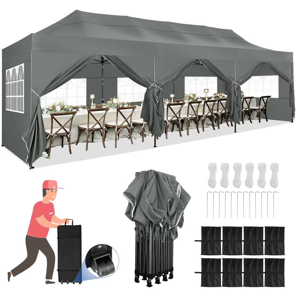 10'x30' Heavy Duty Pop Up Canopy Tent with 8 Removable Sidewalls, Grey A2098