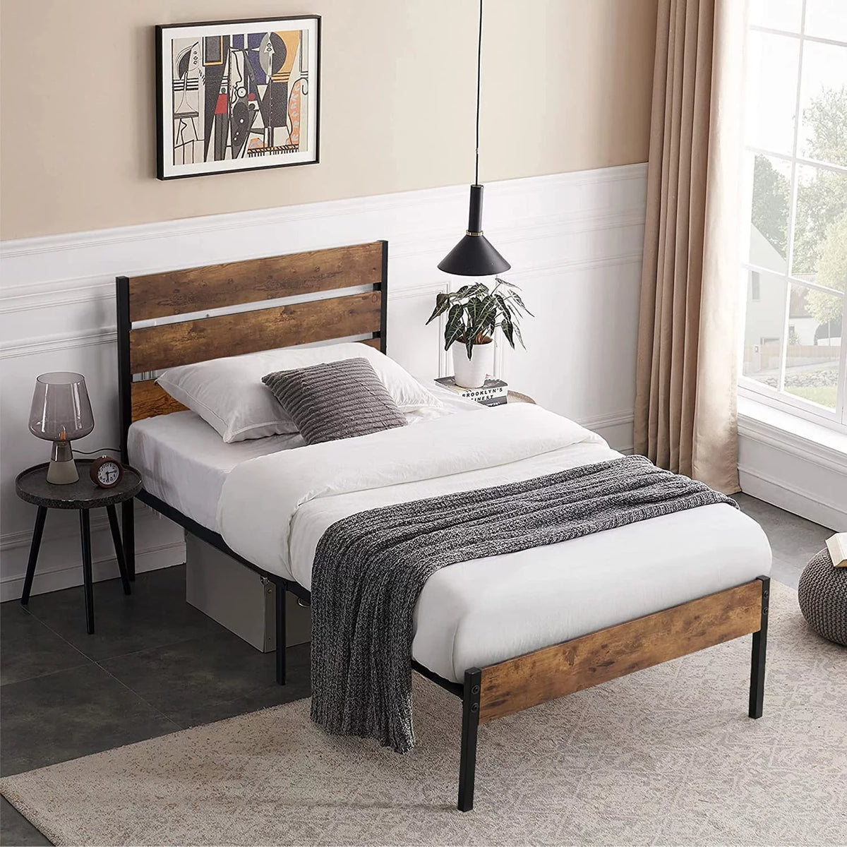 Twin Bed Frame with Wood Headboard and Footboard C998096