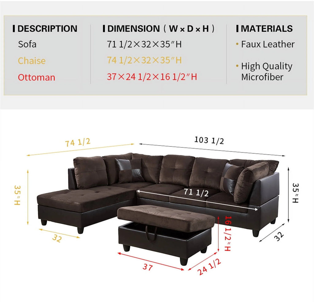 Brown Microfiber Faux Leather Sectional Sofa & Chaise with Ottoman S657578