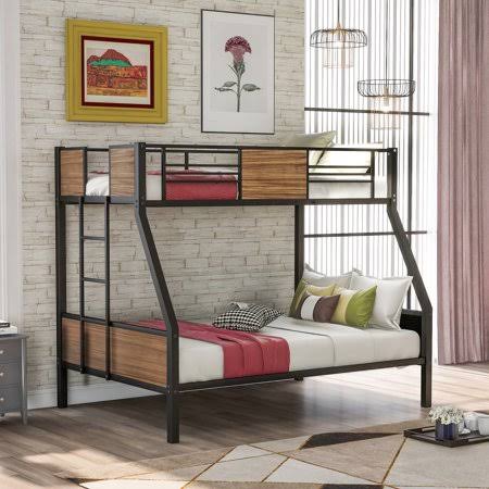 Twin-Over-Full Bunk Bed with Metal Frame, Ladder and Guard Rail, Brown Z85784