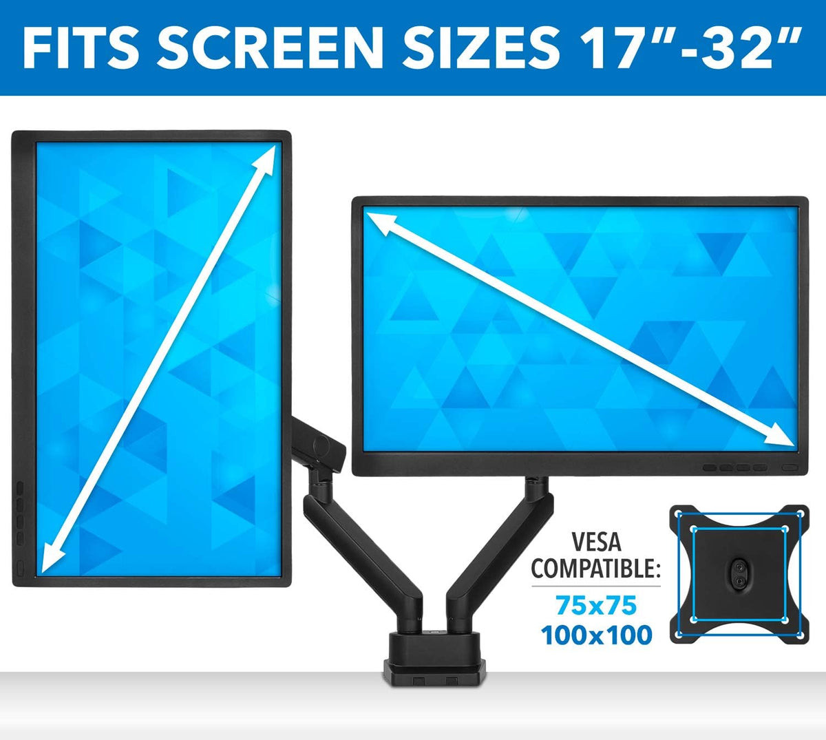 Dual Monitor Arm Mount Desk Stand, Height Adjustable, Fits Two 24 27 29 30 32 Inch VESA 75 100 Screens E67732