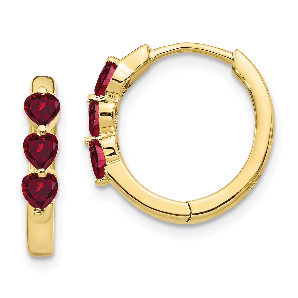 10K Yellow Gold Created Ruby Hinged Hoop Earrings O671