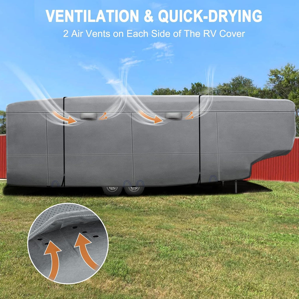 6 Layers Top 5th Wheel RV Cover Anti-UV Camper Cover Breathable Rip-Stop with 2Pcs Extra Straps & Gutter Spout Covers R813