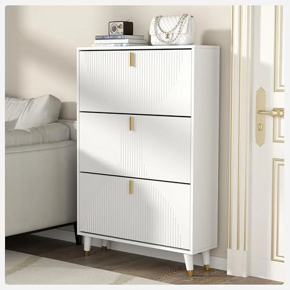 Slim White Shoe Cabinet with Flip Drawer C5464