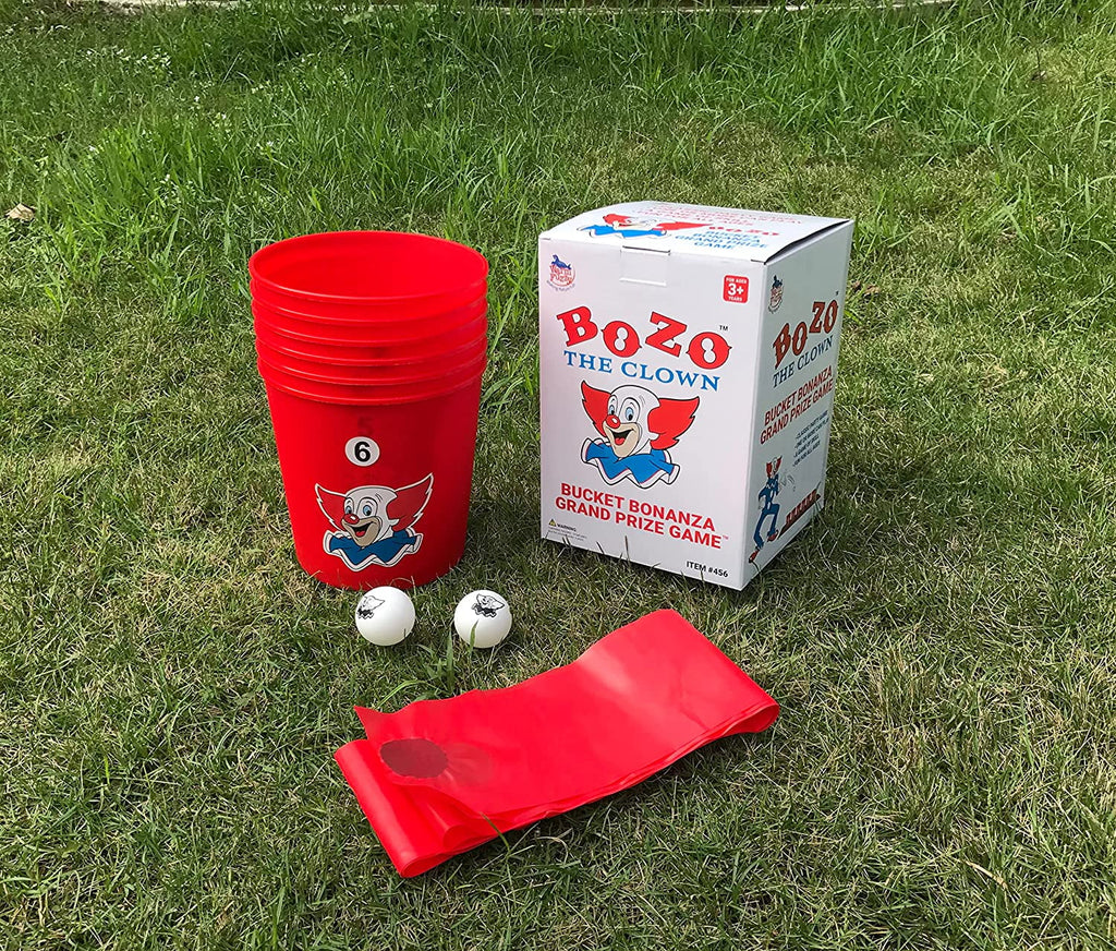 Bozo The Clown Bucket Bonanza Yard Games Pong Set with 6 Durable Buckets, 1 Vinyl Strip and 2 Balls H57824
