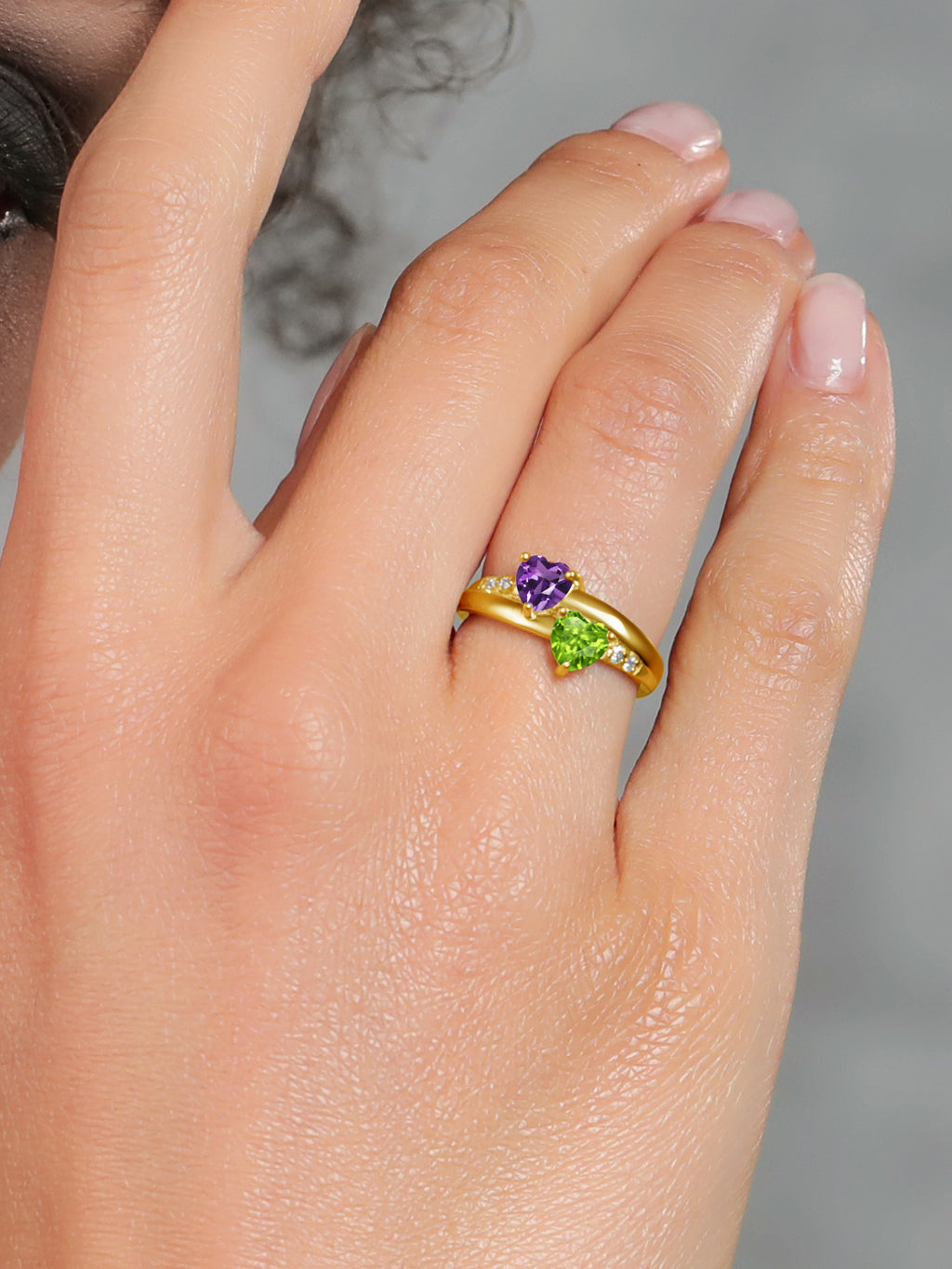 Purple Amethyst Green Peridot 18K Yellow Gold Plated Silver Ring D78128
