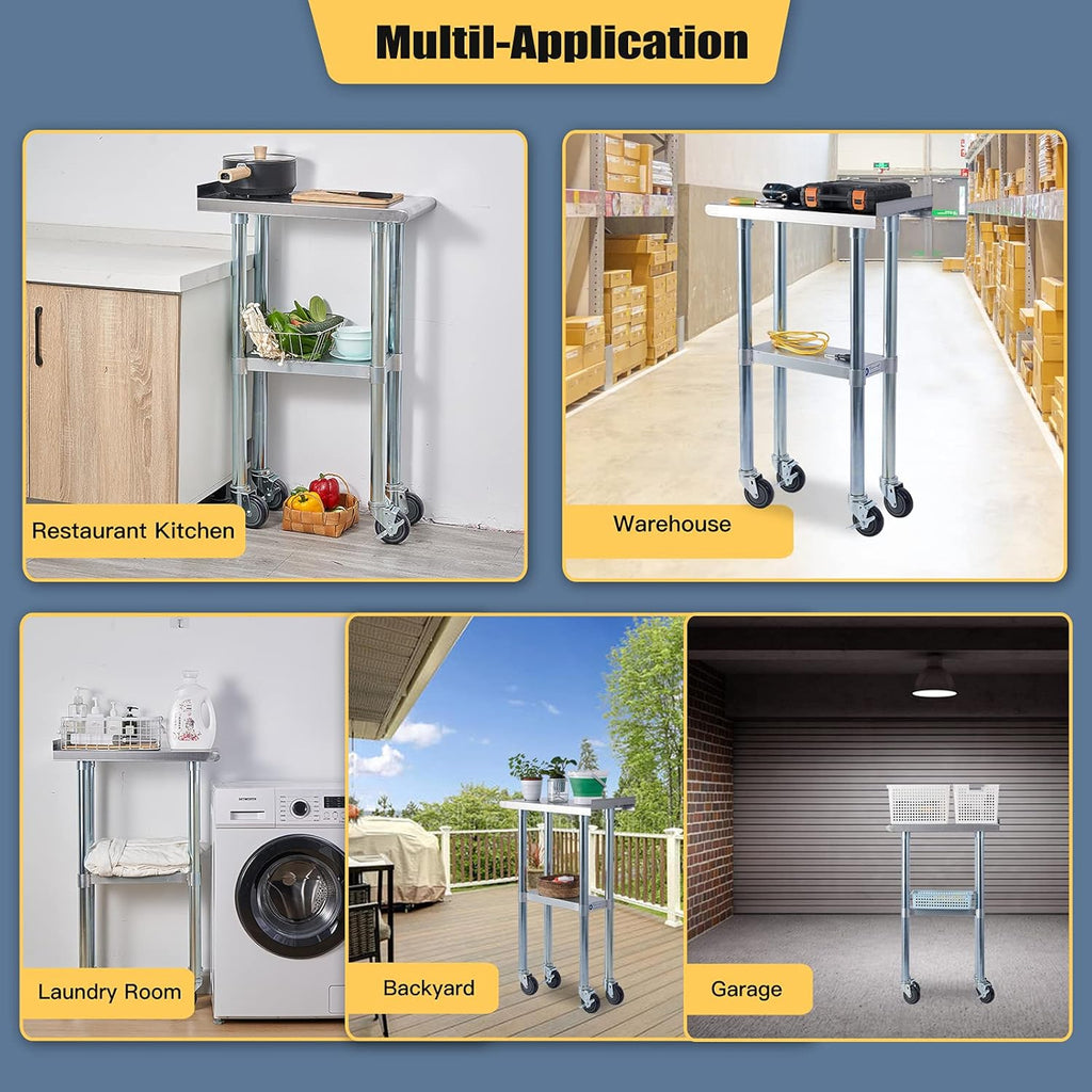 Stainless Steel Metal Work Table with Backsplash, Adjustable Shelf and Caster Wheel I679009