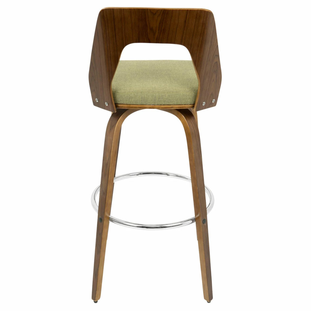 30" Mid-Century Modern Fixed Height Barstool With Swivel In Walnut And Green Fabric - Set Of 2 V1005