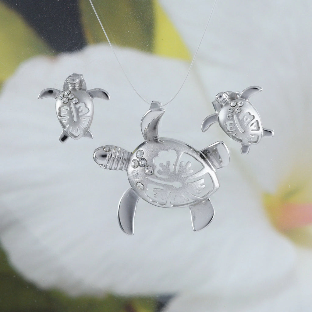 Sterling Silver Turtle Hibiscus Earring and Necklace X276502