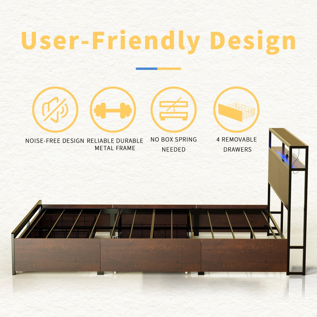 Queen Size Bed Frame with Headboard and 4 Storage Drawers X51551