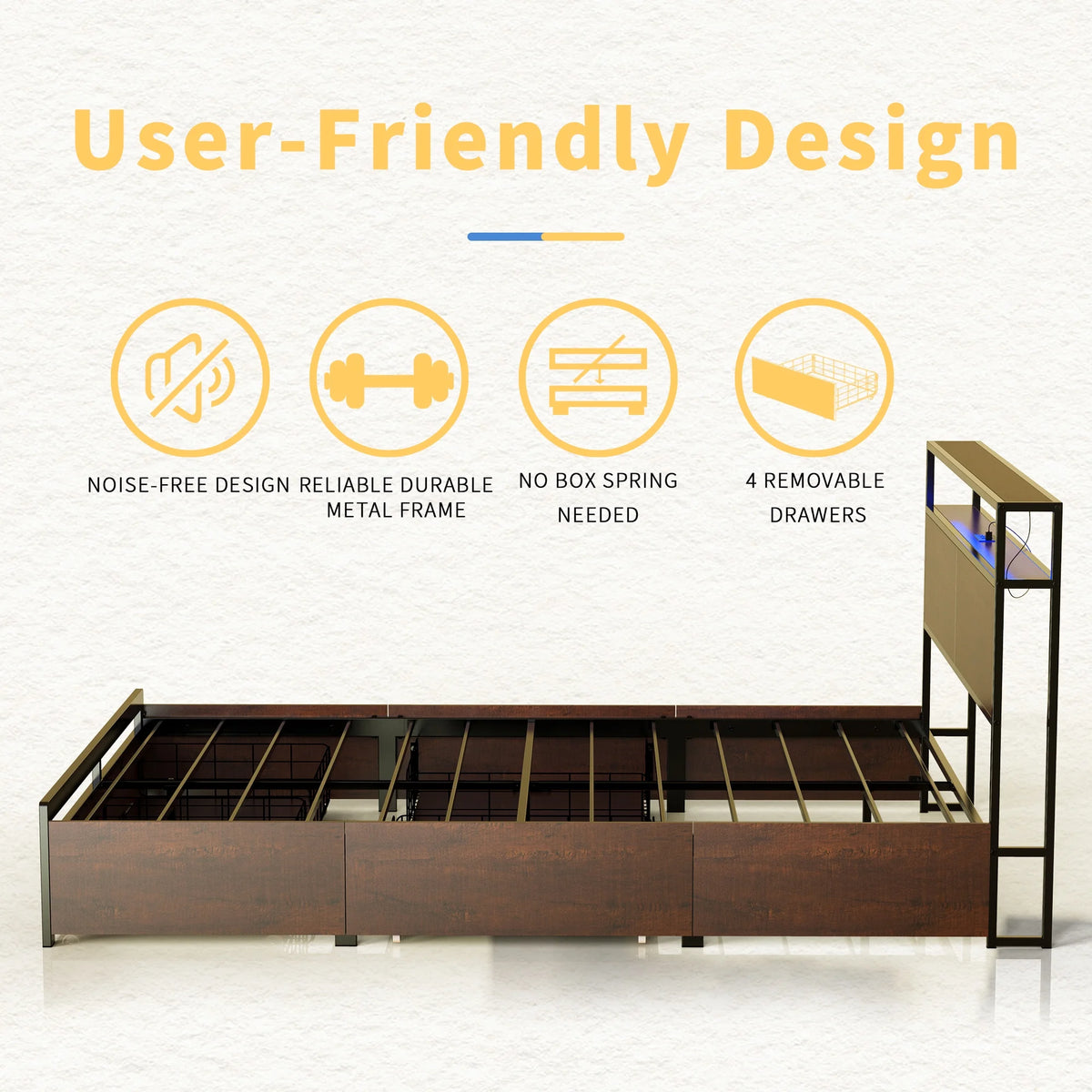 Queen Size Bed Frame with Headboard and 4 Storage Drawers X51551