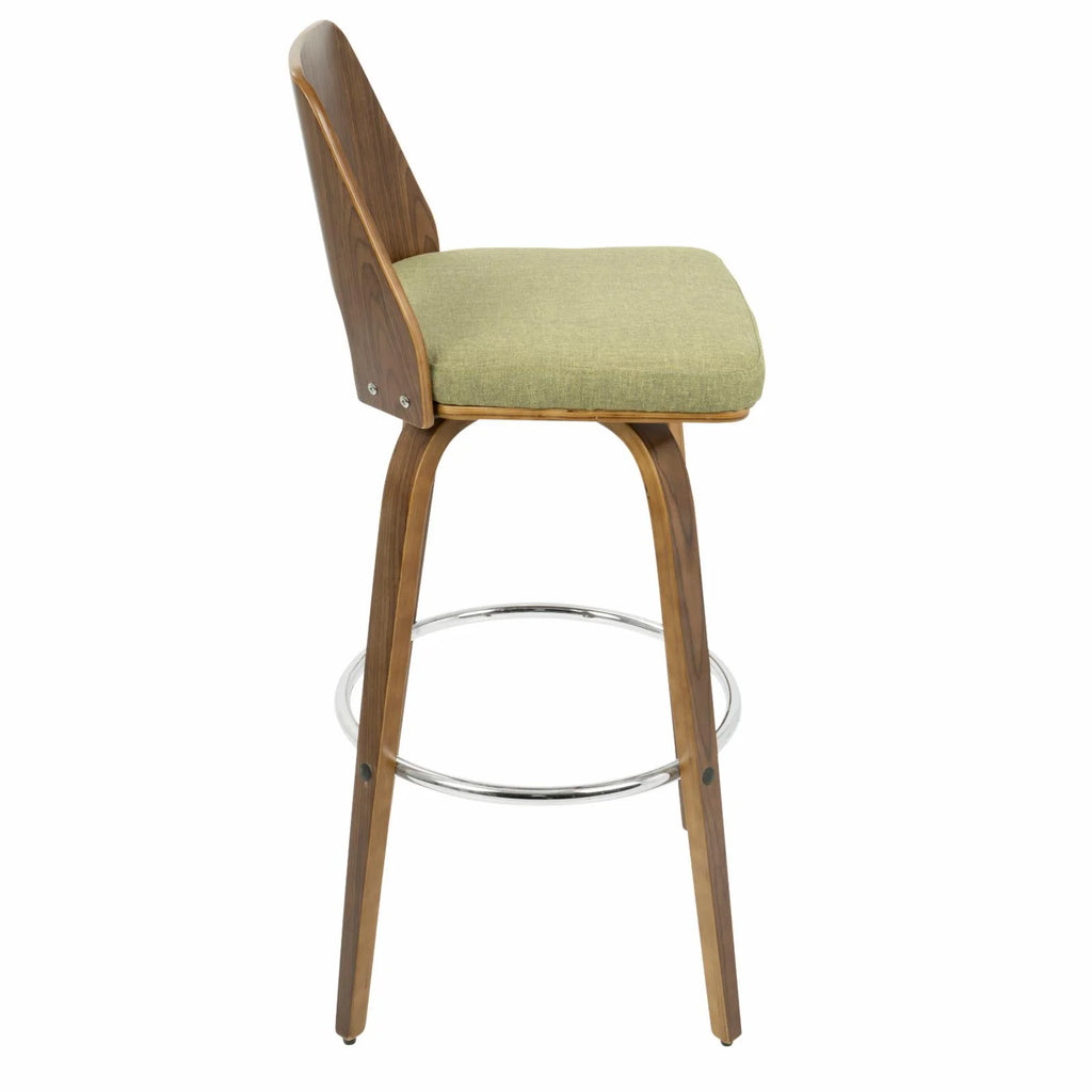 30" Mid-Century Modern Fixed Height Barstool With Swivel In Walnut And Green Fabric - Set Of 2 V1005