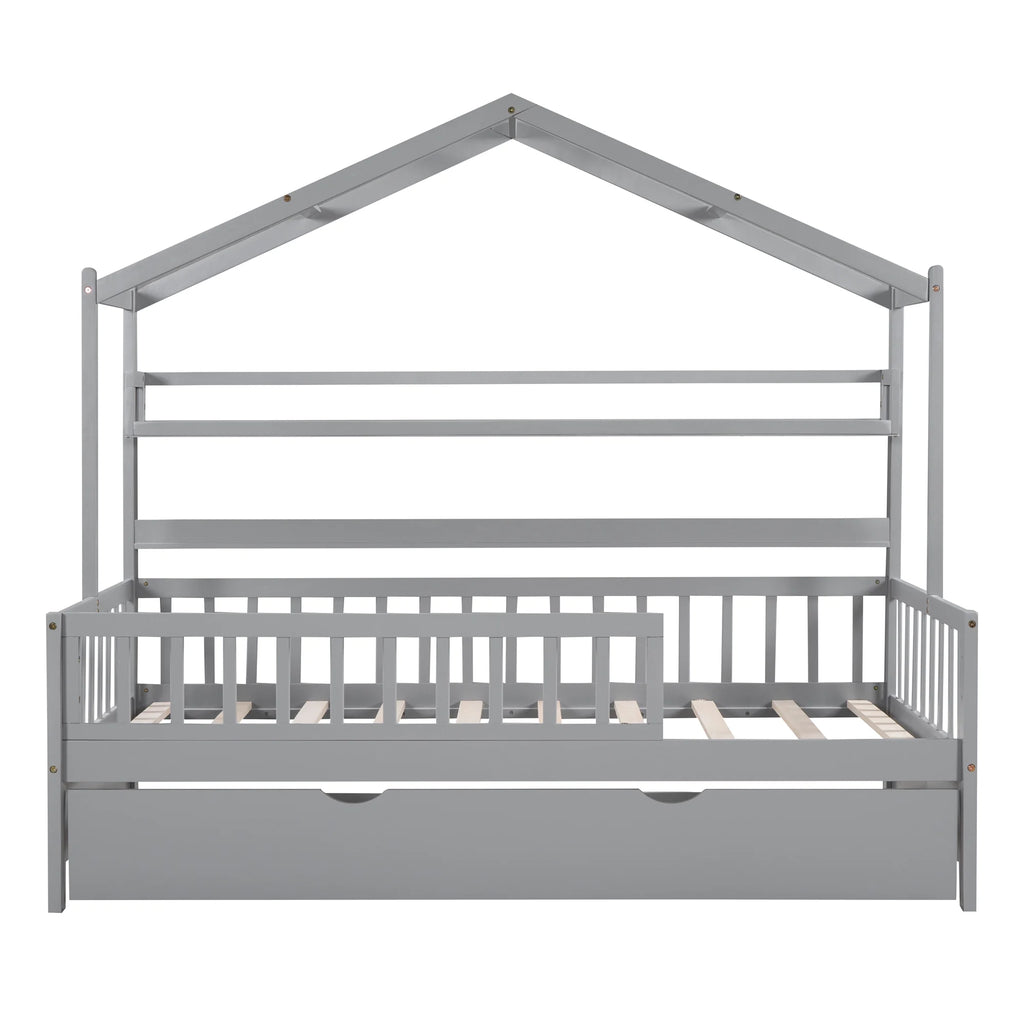 Wood Twin Size House Bed with Bookcase and Trundle E82367
