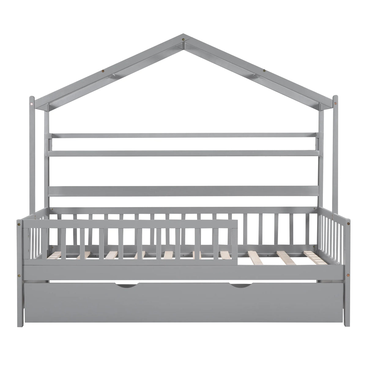 Wood Twin Size House Bed with Bookcase and Trundle E82367