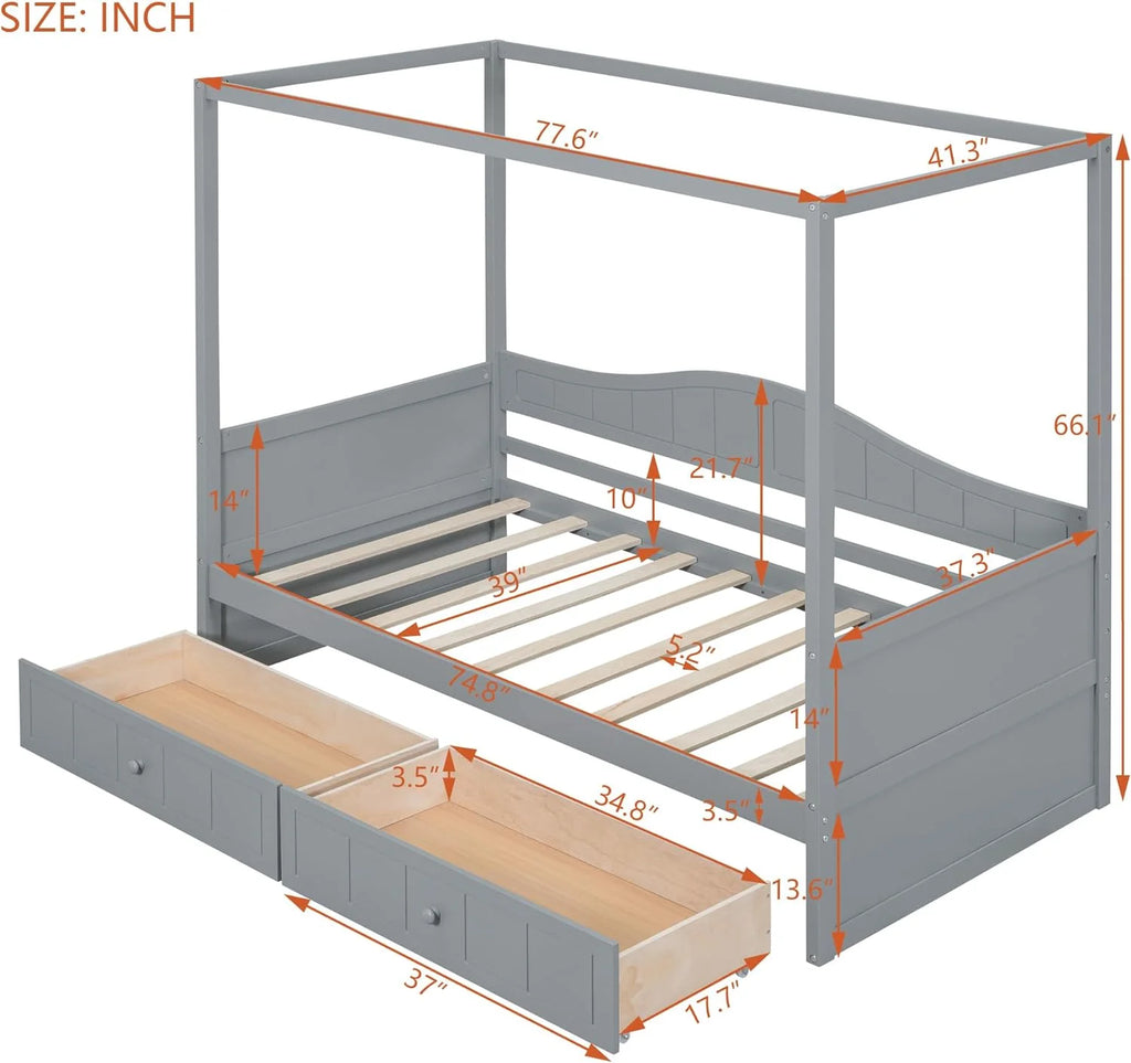 Gray Wood Canopy Bed with Storage and 2 Drawers Z64712