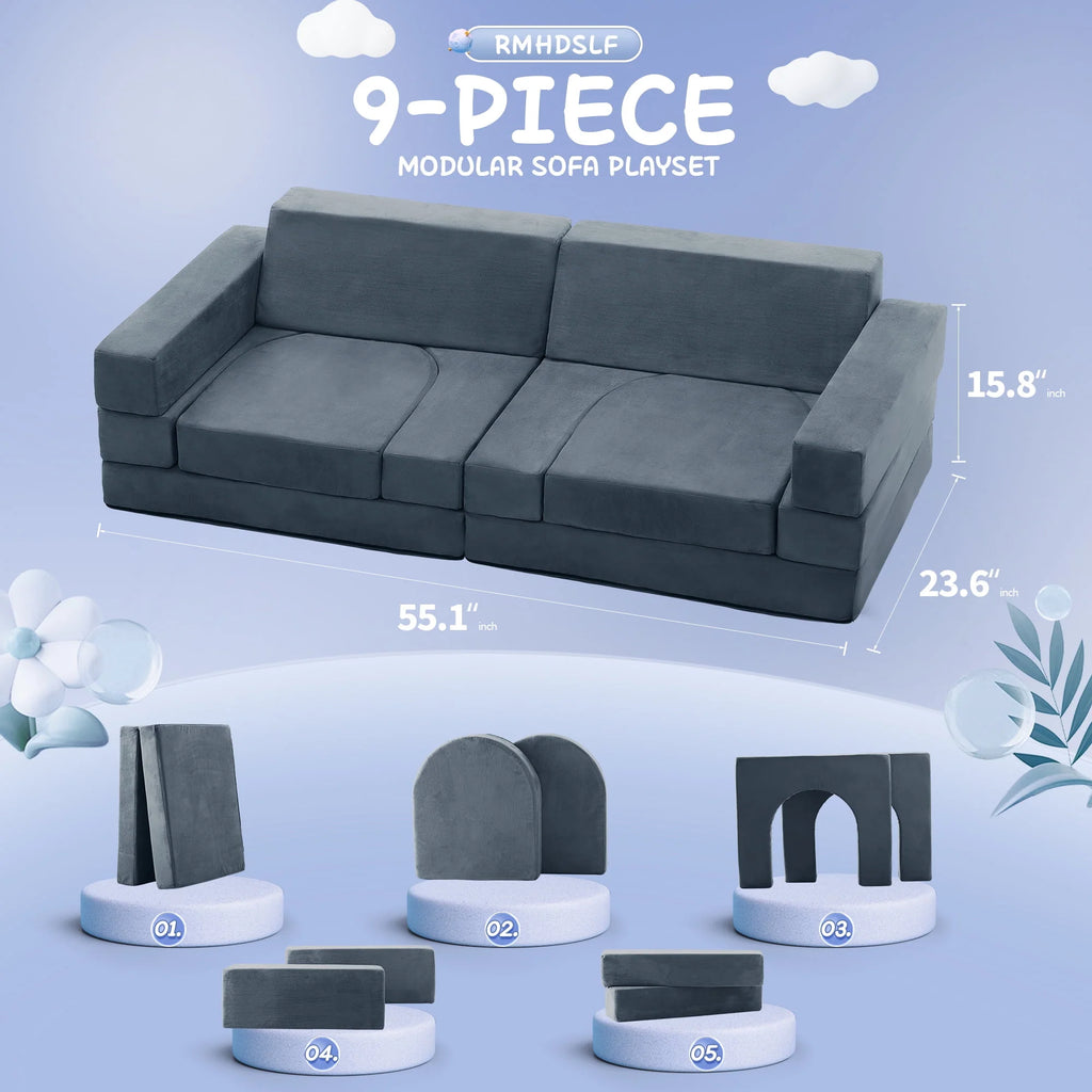Gray 9-Piece Kids Play Couch O390