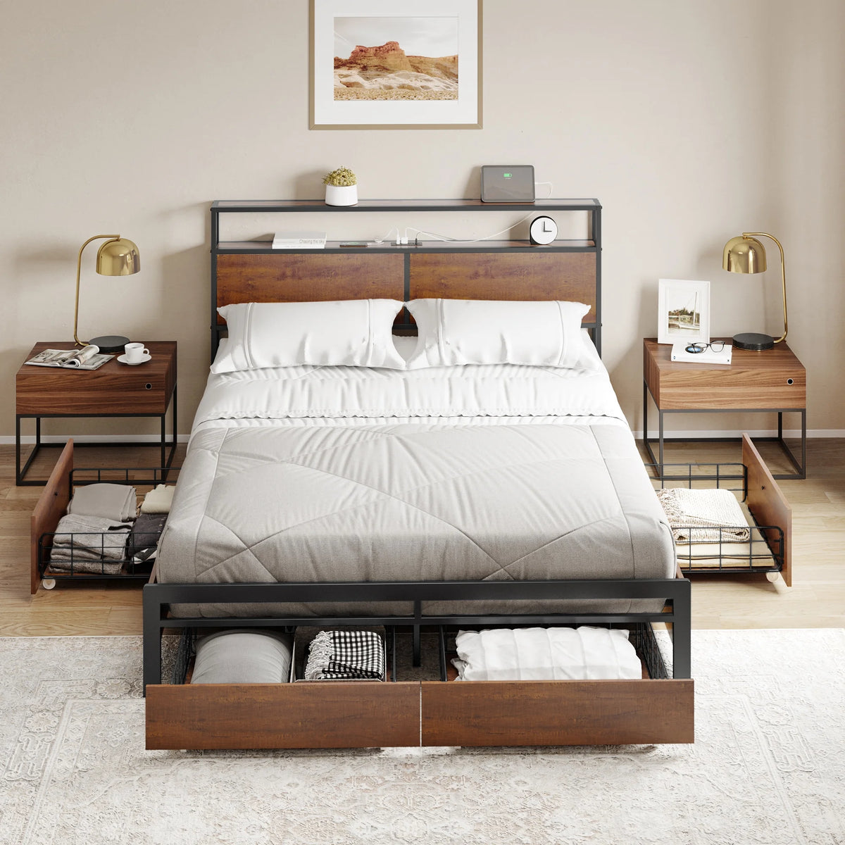 Queen Size Bed Frame with Headboard and 4 Storage Drawers X51551