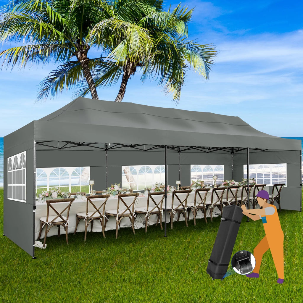 10'x30' Heavy Duty Pop Up Canopy Tent with 8 Removable Sidewalls, Grey A2098