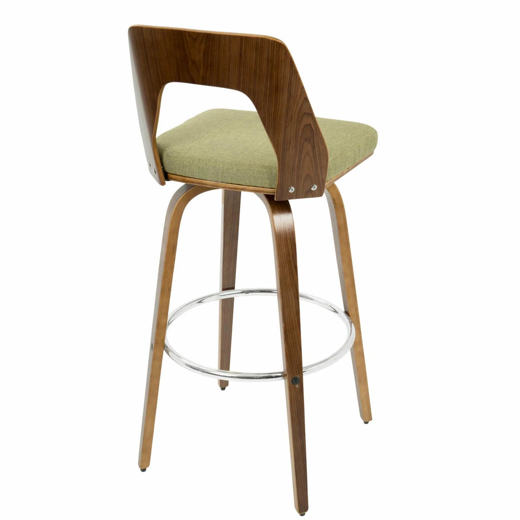 30" Mid-Century Modern Fixed Height Barstool With Swivel In Walnut And Green Fabric - Set Of 2 V1005