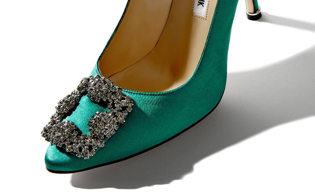 Green Satin Jewel Buckle Pumps D689426