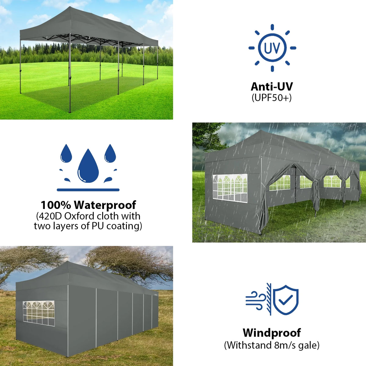 10'x30' Heavy Duty Pop Up Canopy Tent with 8 Removable Sidewalls, Grey A2098