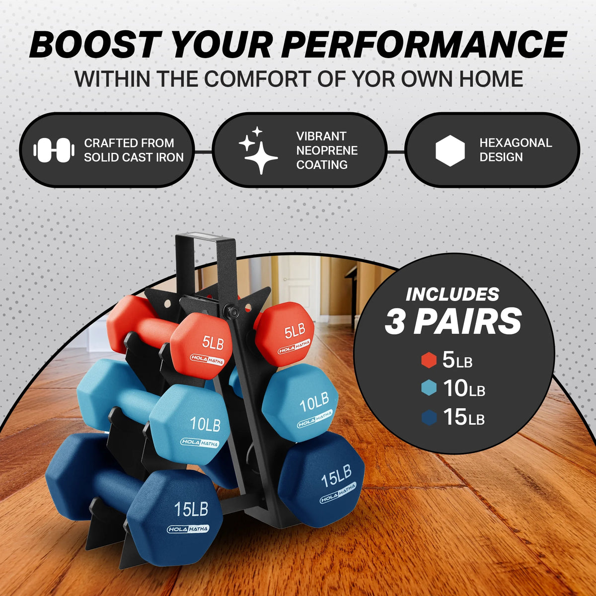 5, 10 & 15 Pound Neoprene Dumbbell Weight Set with Storage Rack M382832