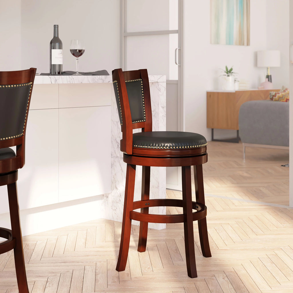Dark Cherry Wooden Counter Height Stool with Faux Leather Seat D881028
