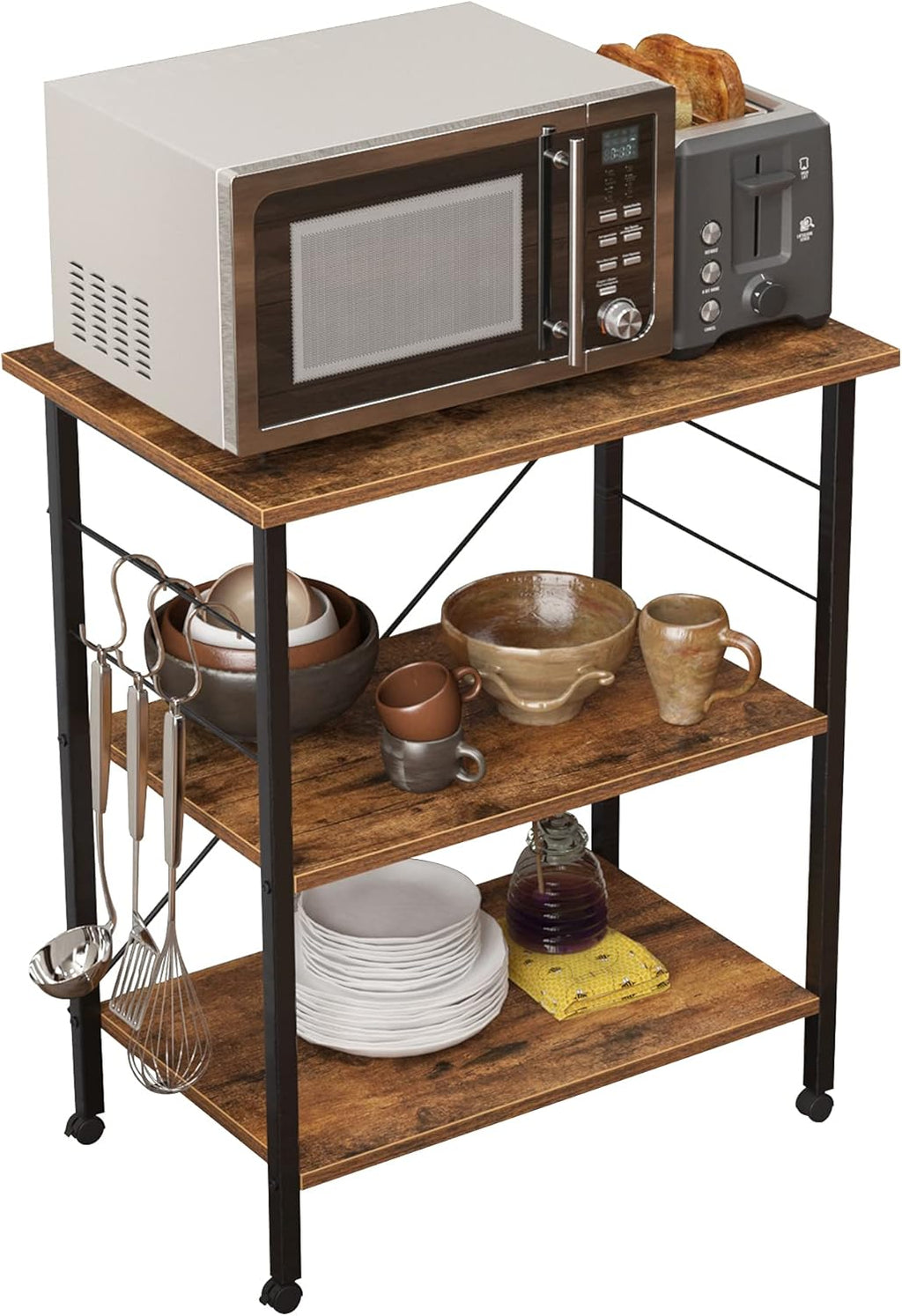 Rustic Brown 3 Tier Utility Storage Shelf with Lockable Caster X168