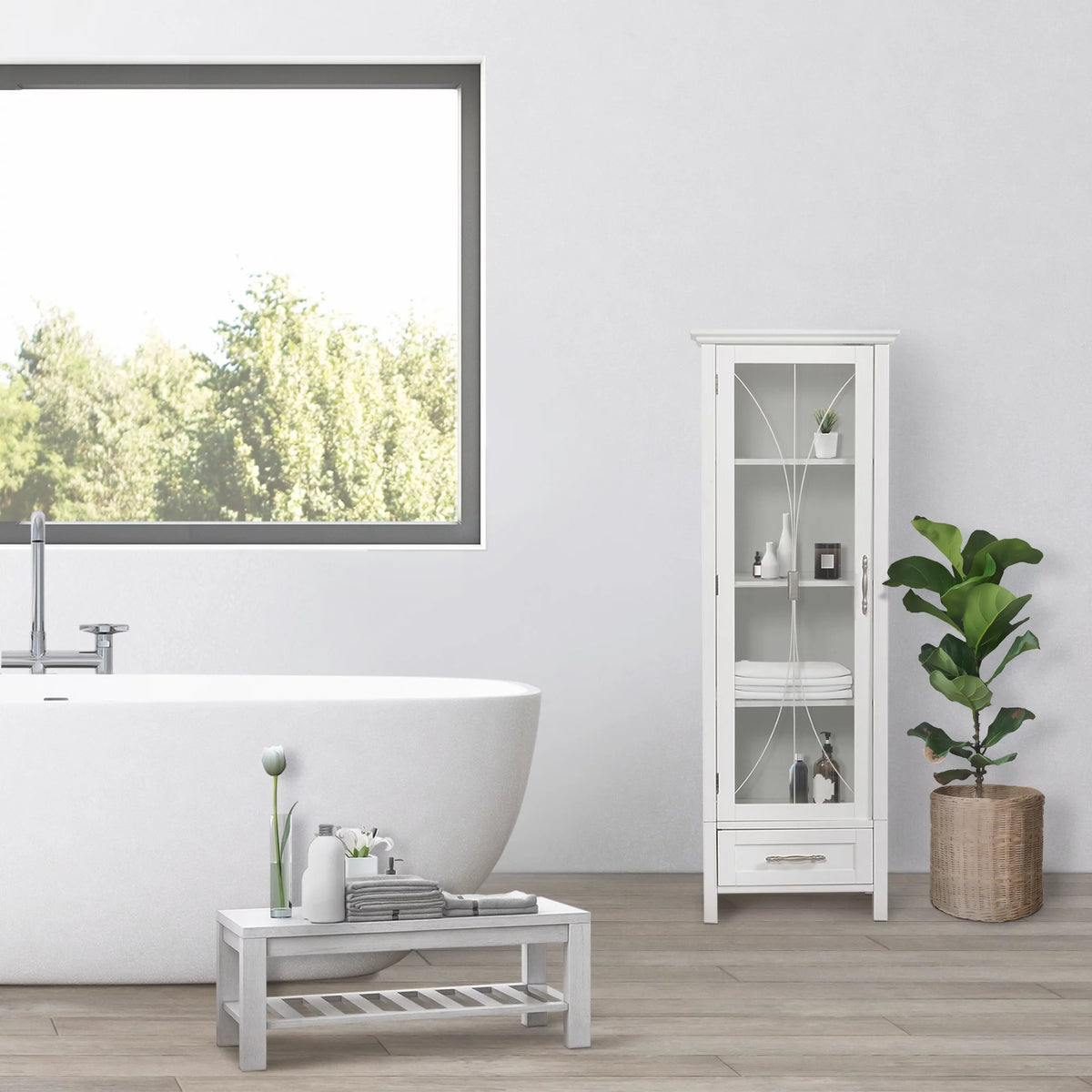 White Wooden Linen Cabinet with Drawer U98858