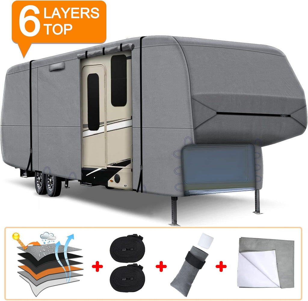 6 Layers Top 5th Wheel RV Cover Anti-UV Camper Cover Breathable Rip-Stop with 2Pcs Extra Straps & Gutter Spout Covers R813